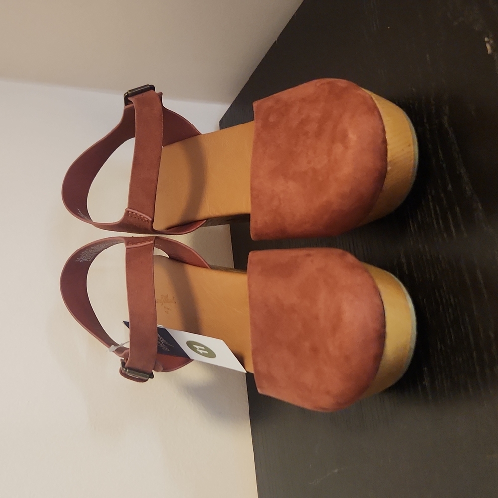 Tan and red block heels